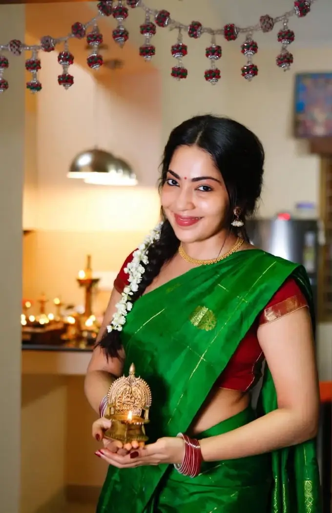 north indian queen ramya subramanian in traditional green saree